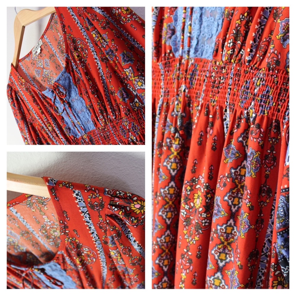 ONE WORLD Bohemian Mixed Floral Tribal Print Midi Dress - Picture 13 of 17